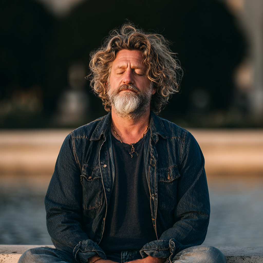 Calm middle-aged man around 50 years old sitting in meditation position with eyes closed in peaceful outdoor setting