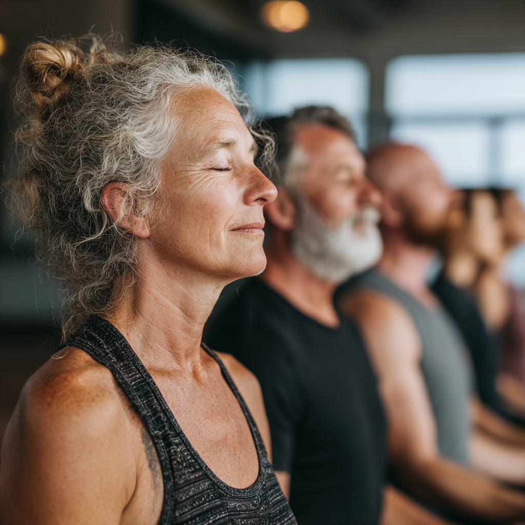 Group of diverse middle-aged adults between 45-55 years practicing yoga together in bright natural light studio