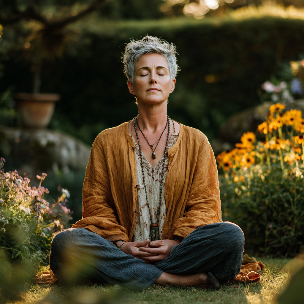 Peaceful middle-aged woman in her late forties practicing yoga meditation pose in serene garden setting